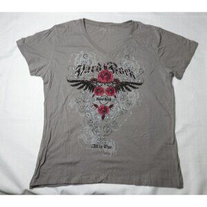 Hard Rock Cafe Women’s Graphic T-Shirt Gray V-Neck Roses Wings Rock Band Tee XL